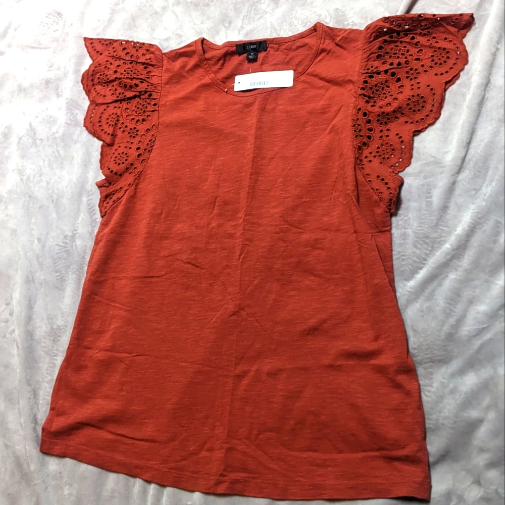 NWT J. Crew Eyelet Flutter Sleeve Slub T-shirt in Rust - Size M - MAKE OFFER!